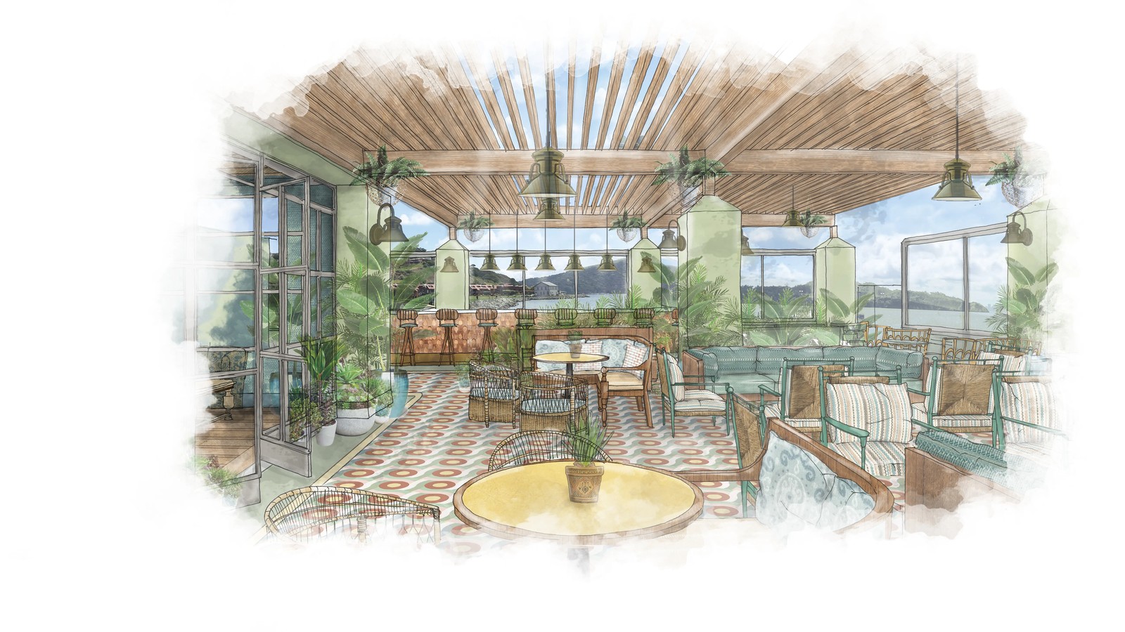 A watercolor/sketch architectural rendering of the second-floor interior of Bungalow Kitchen Tiburon, showing a tropical-themed dining room with ratta
