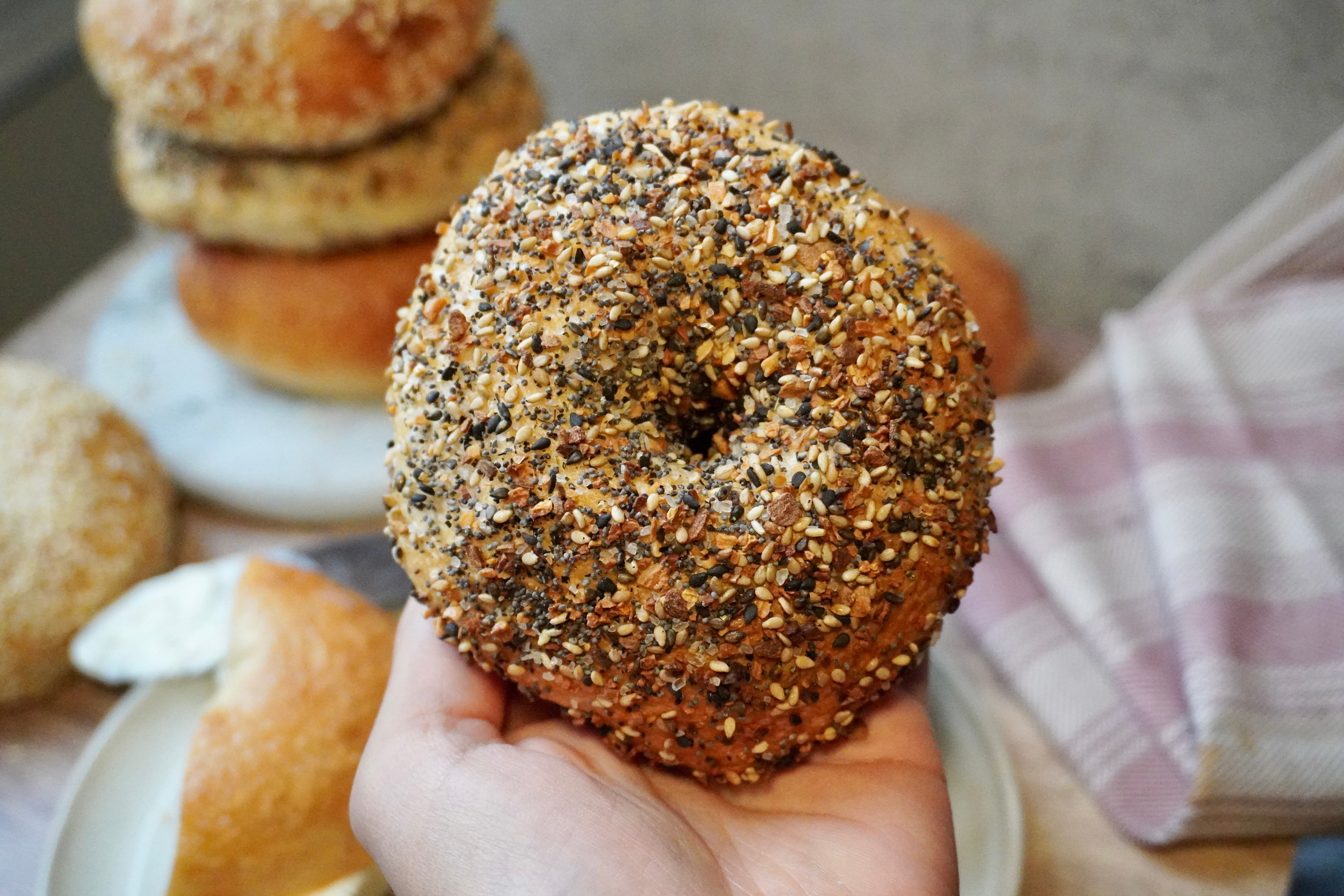 Close-up of a hand holding a bagel heavily coated with everything seasoning (sesame seeds, poppy seeds, dried garlic, onion flakes), with additional p