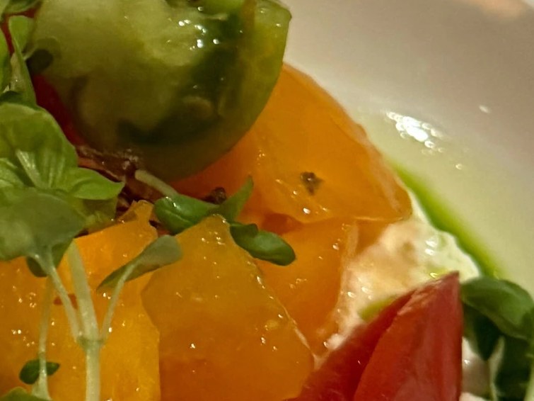 Close-up of a plated dish with colorful sliced bell peppers, fresh green microgreens, and a white creamy element on a white plate.