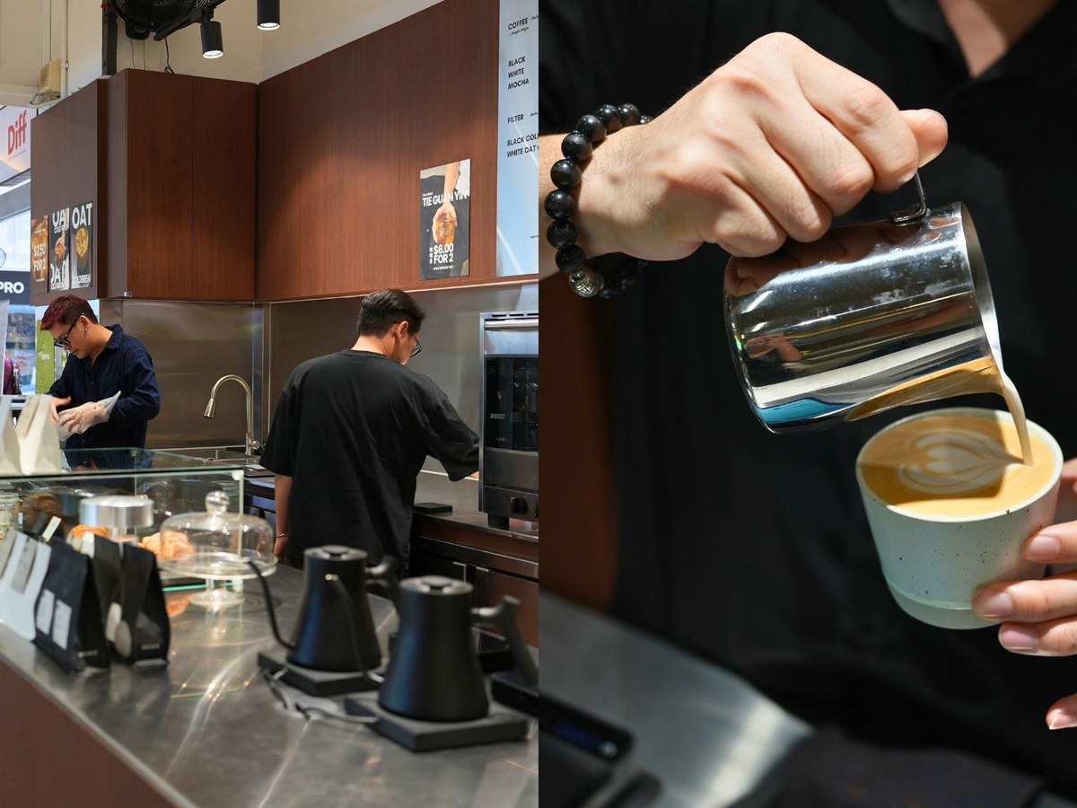 A barista pouring latte art into a light blue cup at a modern coffee counter; the source page explicitly attests this is Diff specialty coffee, and th