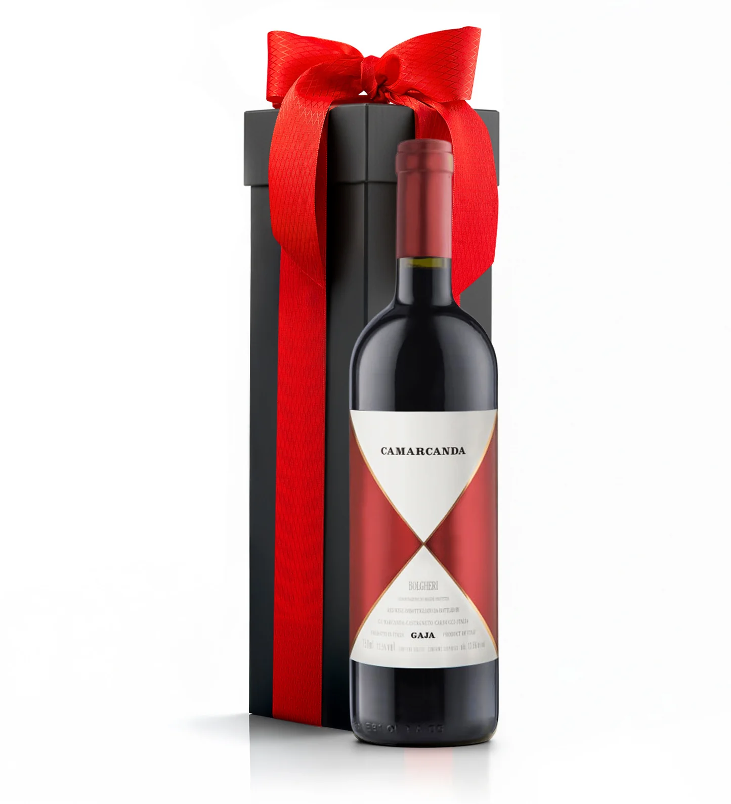The Gaja Ca’Marcanda Story Begins in Bolgheri, presented with a vibrant red ribbon and bow.
