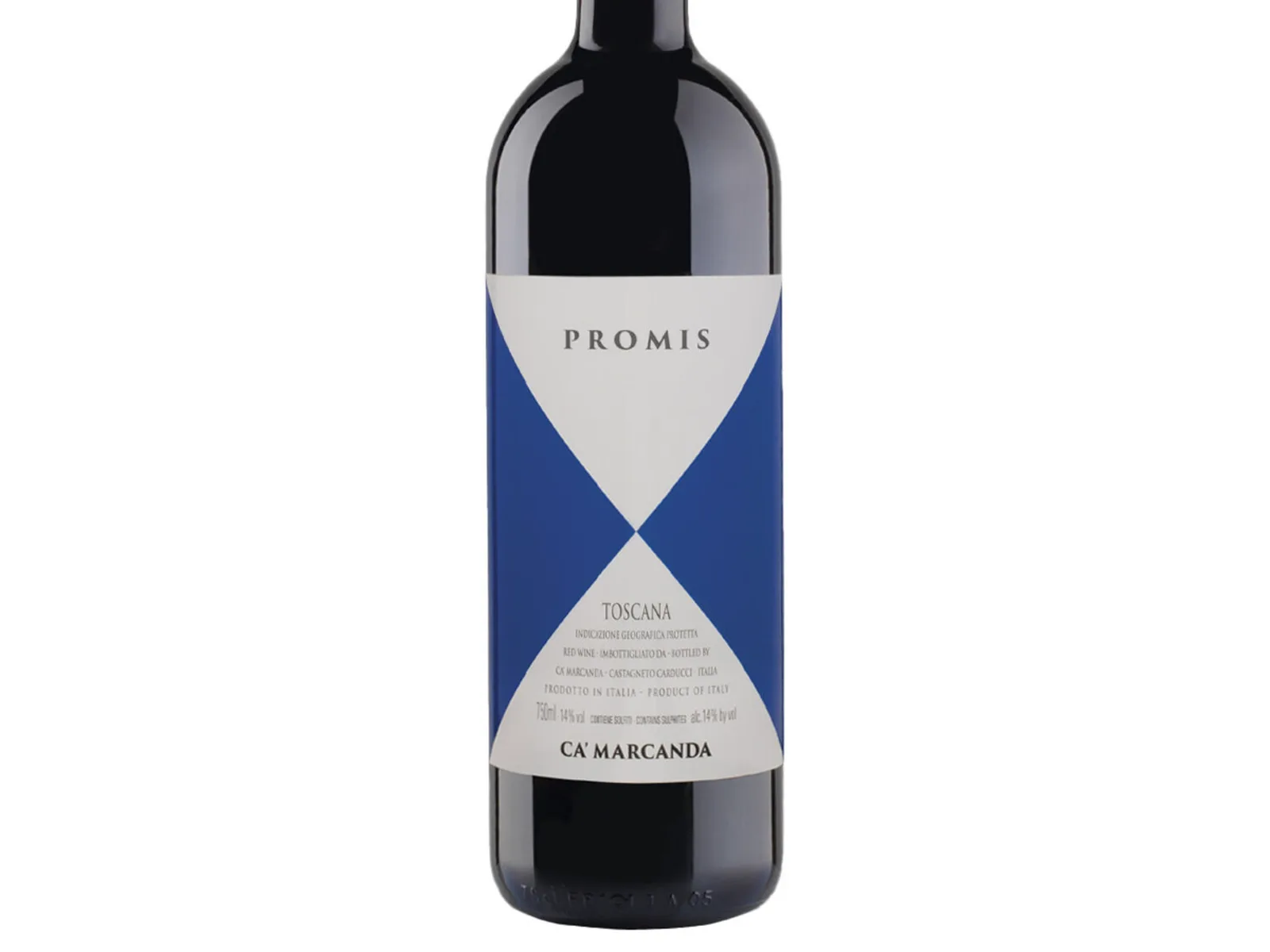 A bottle of Promis red wine from Ca'Marcanda in Toscana, Italy, with a blue and white geometric label design.