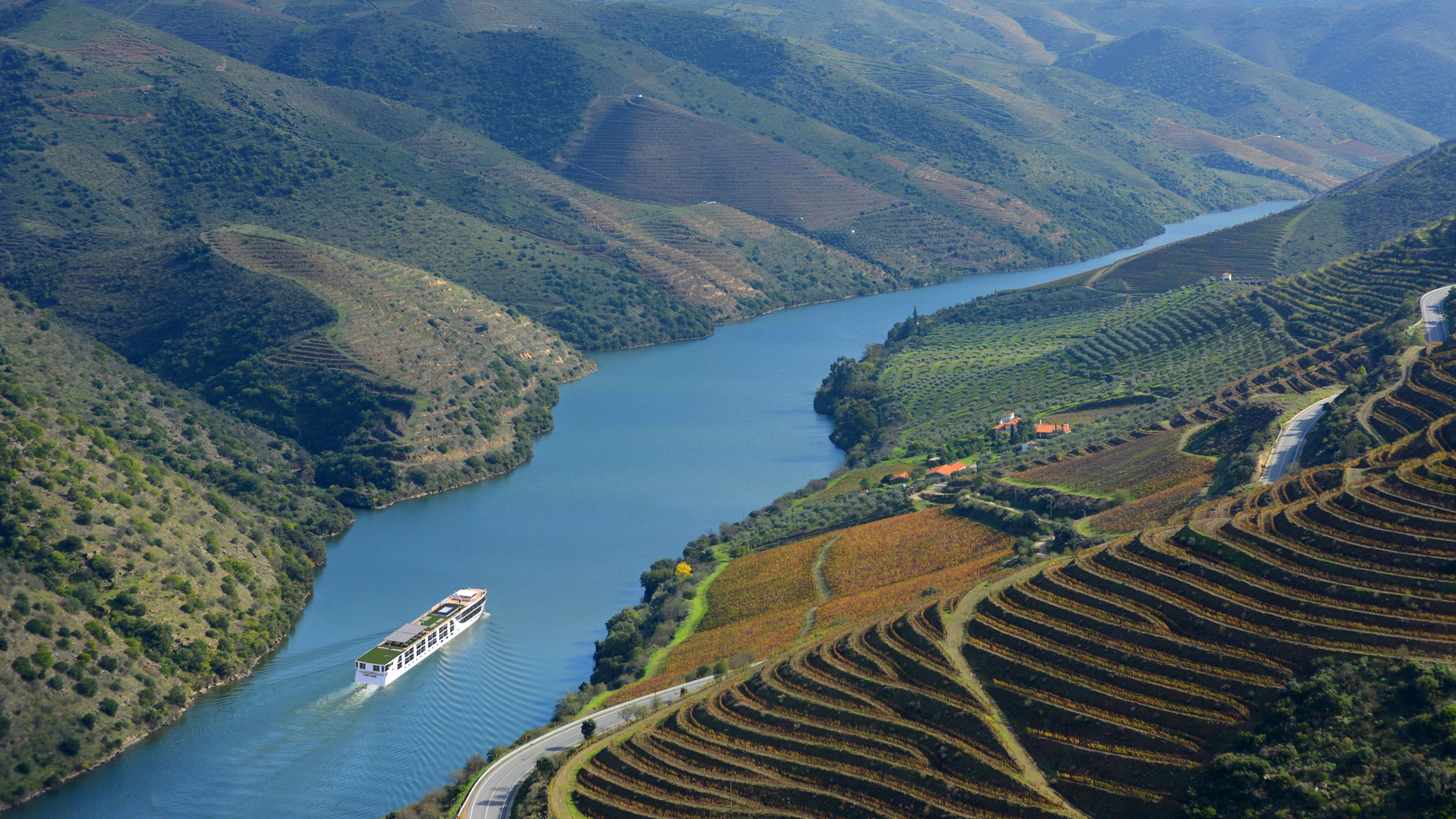 The Douro Valley, with its terraced vineyards and a cruise boat on the winding river.