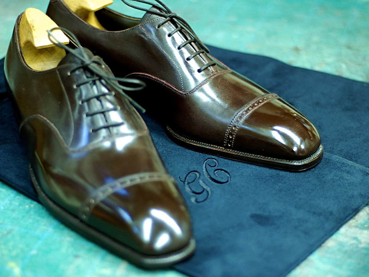 A finished bespoke dress shoe.