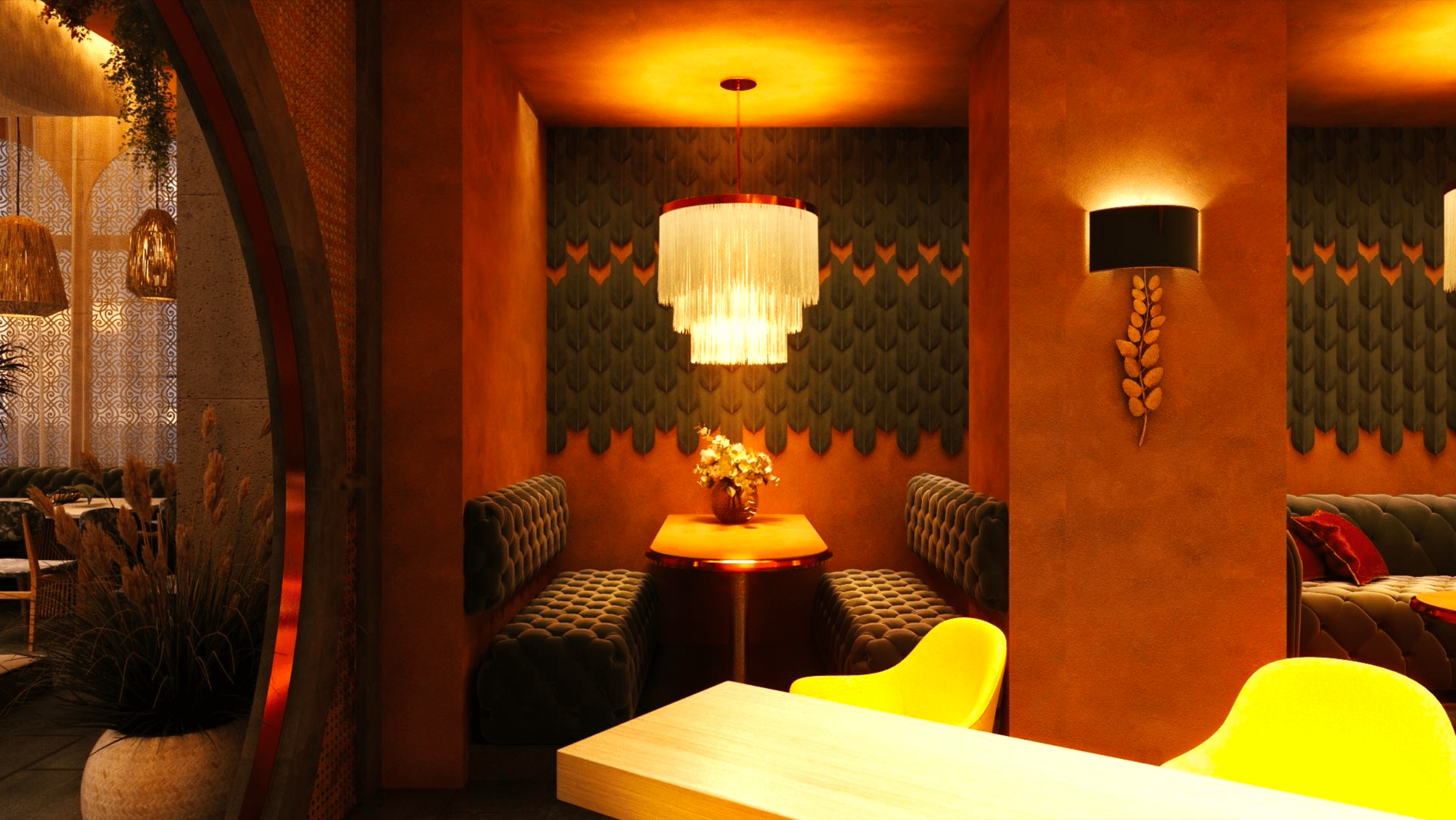 Ikara Atlantic Station's dining room features olive-green banquettes, a tiered chandelier, and warm lighting.