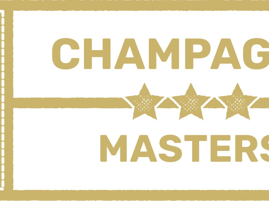 A gold and white Wine Scholar Guild Champagne Masters badge with three stars.