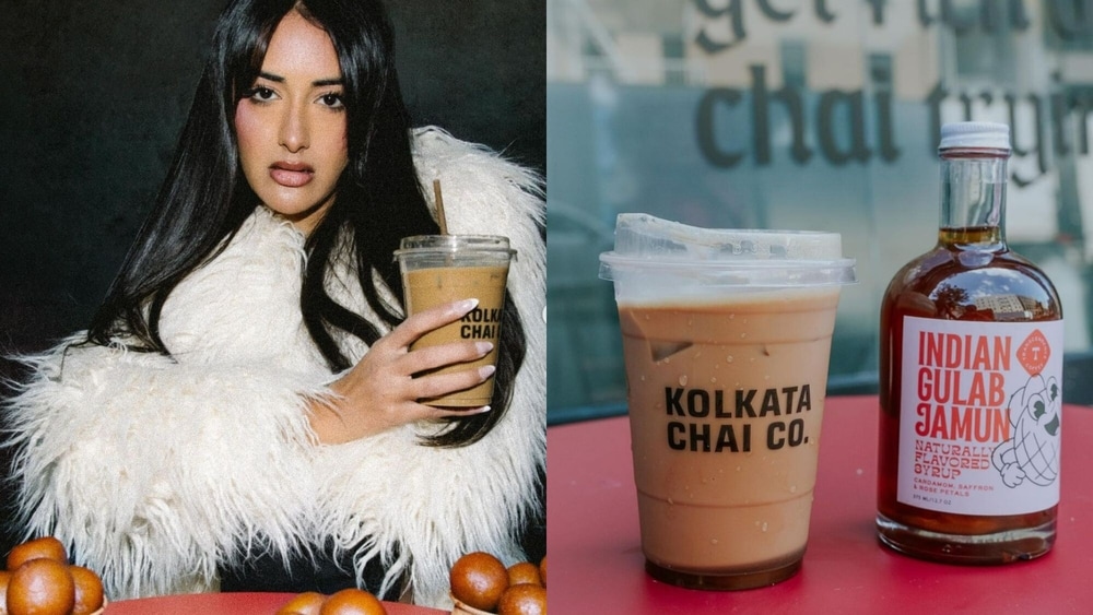 A split image showing a woman holding an iced chai latte and a close-up of a Kolkata Chai Co. iced latte with a bottle of Indian Gulab Jamun syrup; th