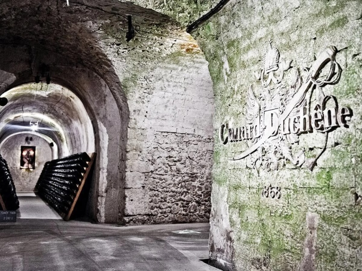 Historic chalk cellars beneath the village, where bottles age before riddling.