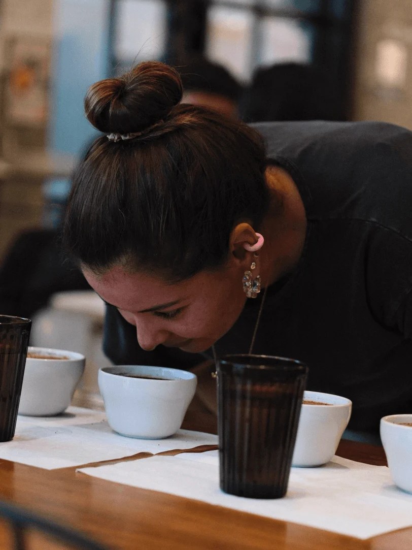 A person leaning over a cupping table with multiple white cupping bowls and black glasses arranged on white paper, performing coffee evaluation; the s