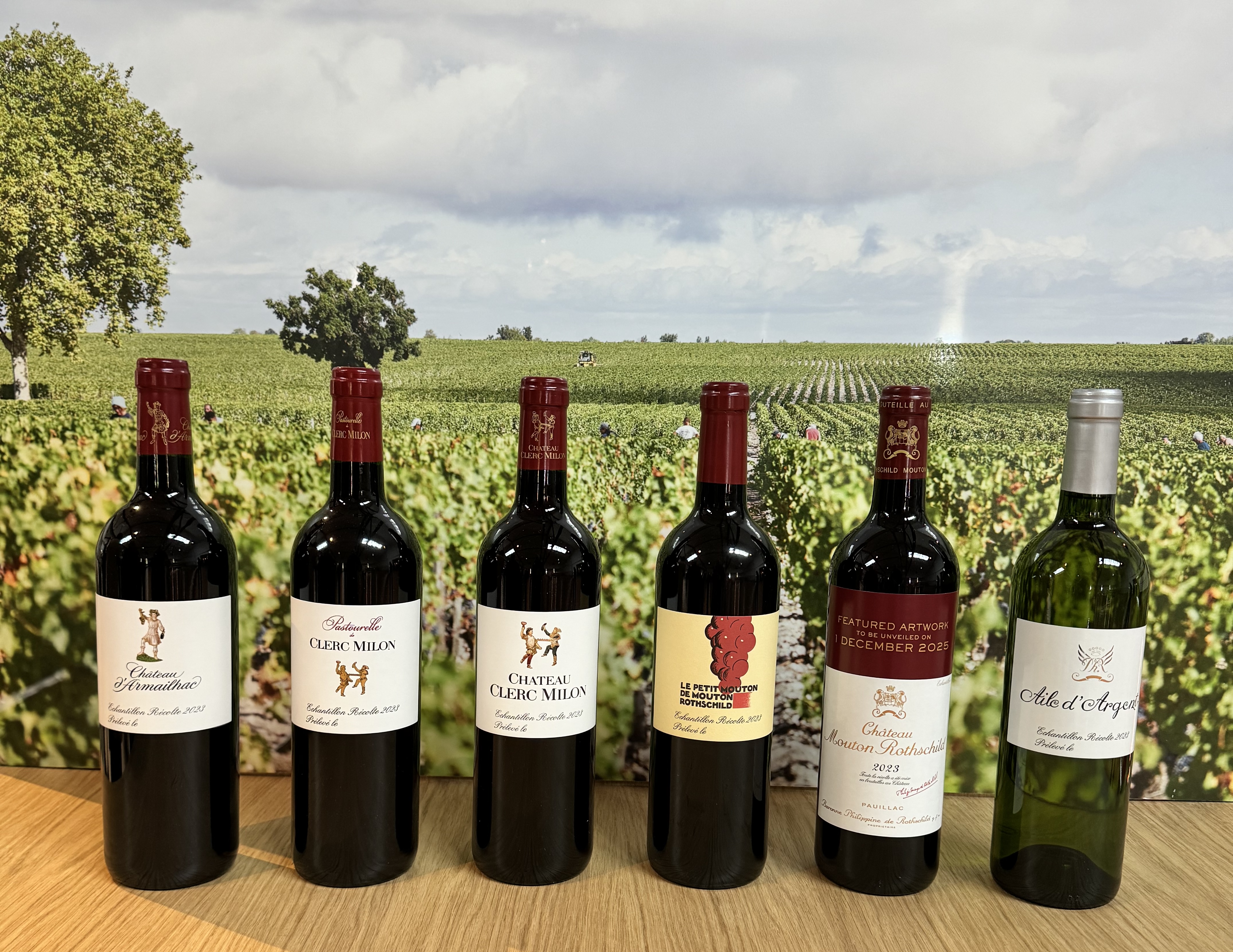 six bottles of wine with a vineyard in the background