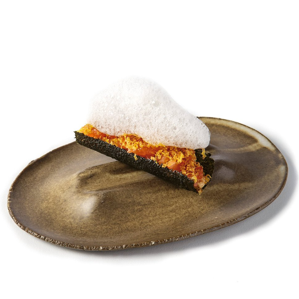Gourmet dish on a rustic brown plate, featuring black-edged toast topped with orange garnish and white foam, set against a white background.