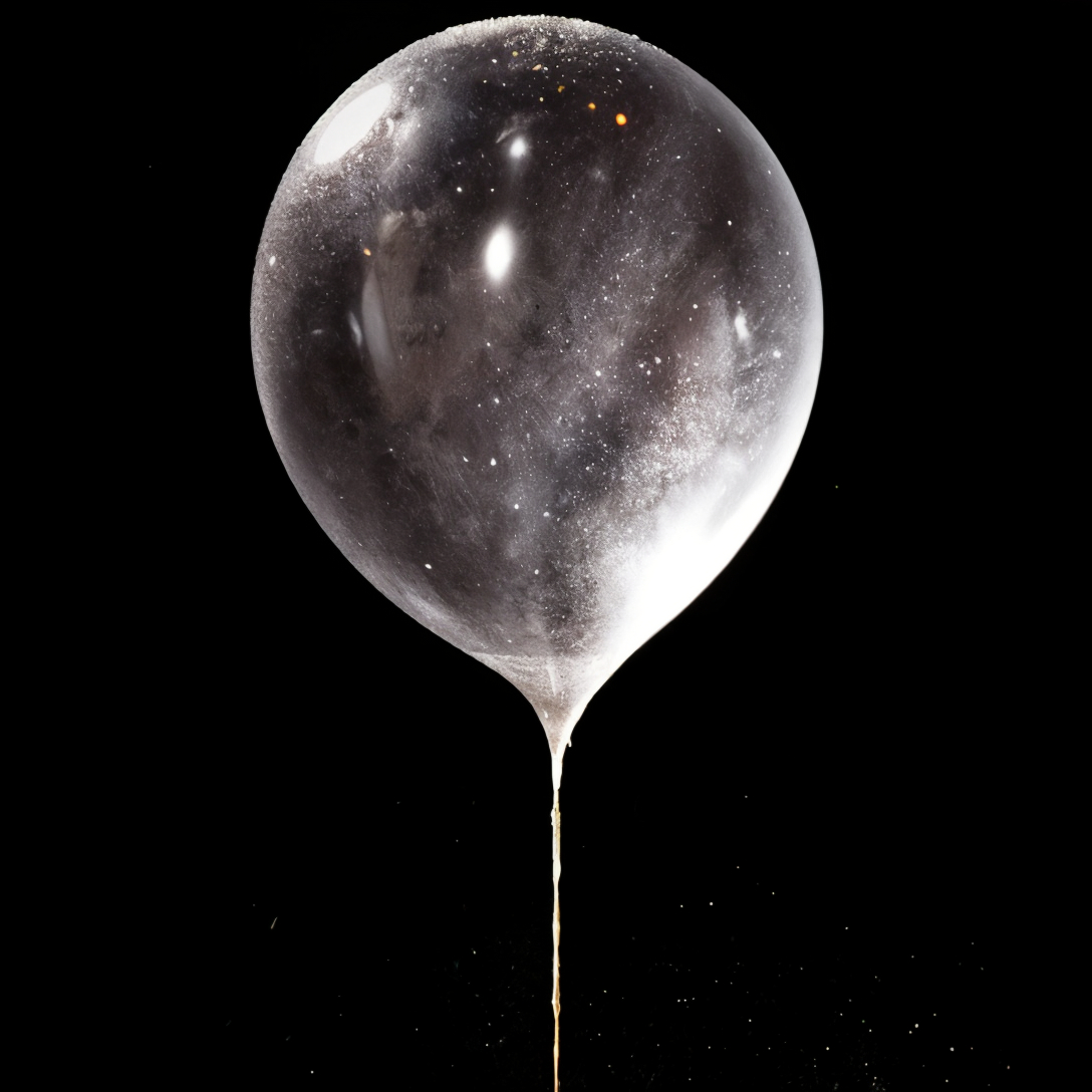 Transparent balloon filled with smoke-like substance, floating against a black background. Sparkling particles are visible inside.