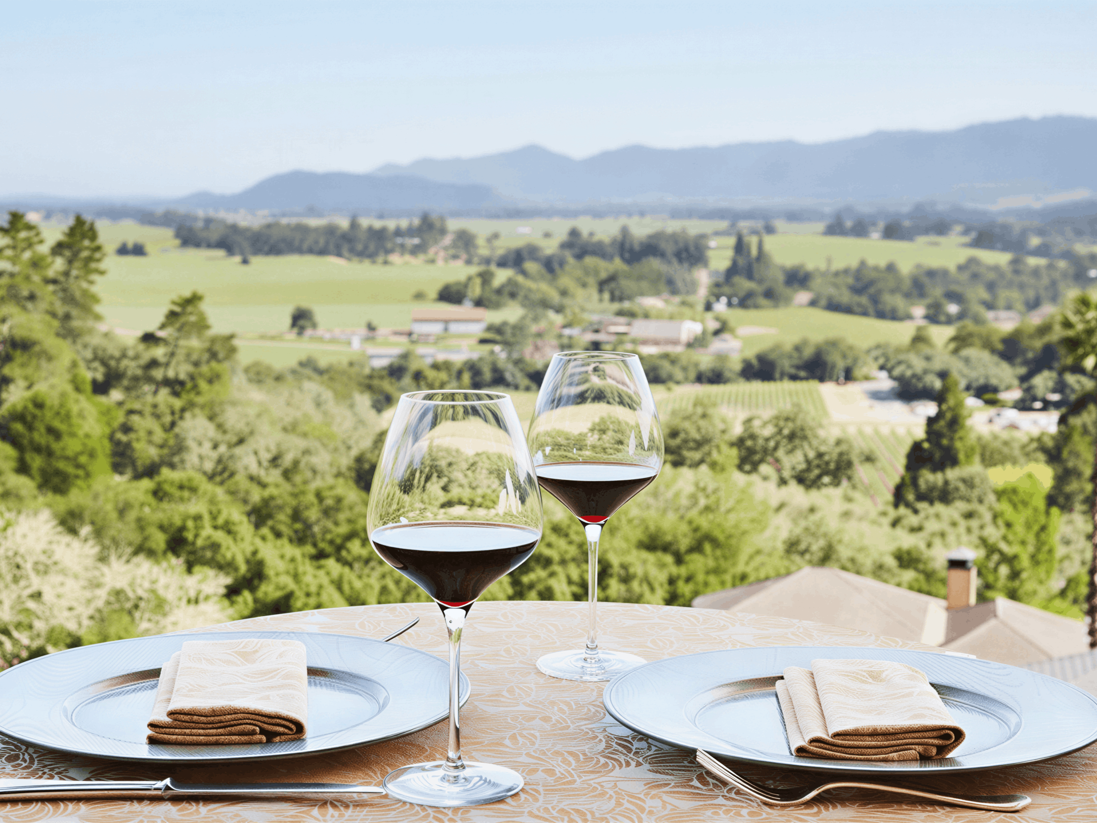 Two wine glasses and plate settings on a table overlook a lush vineyard with mountains in the distance. Sunny and serene ambiance.