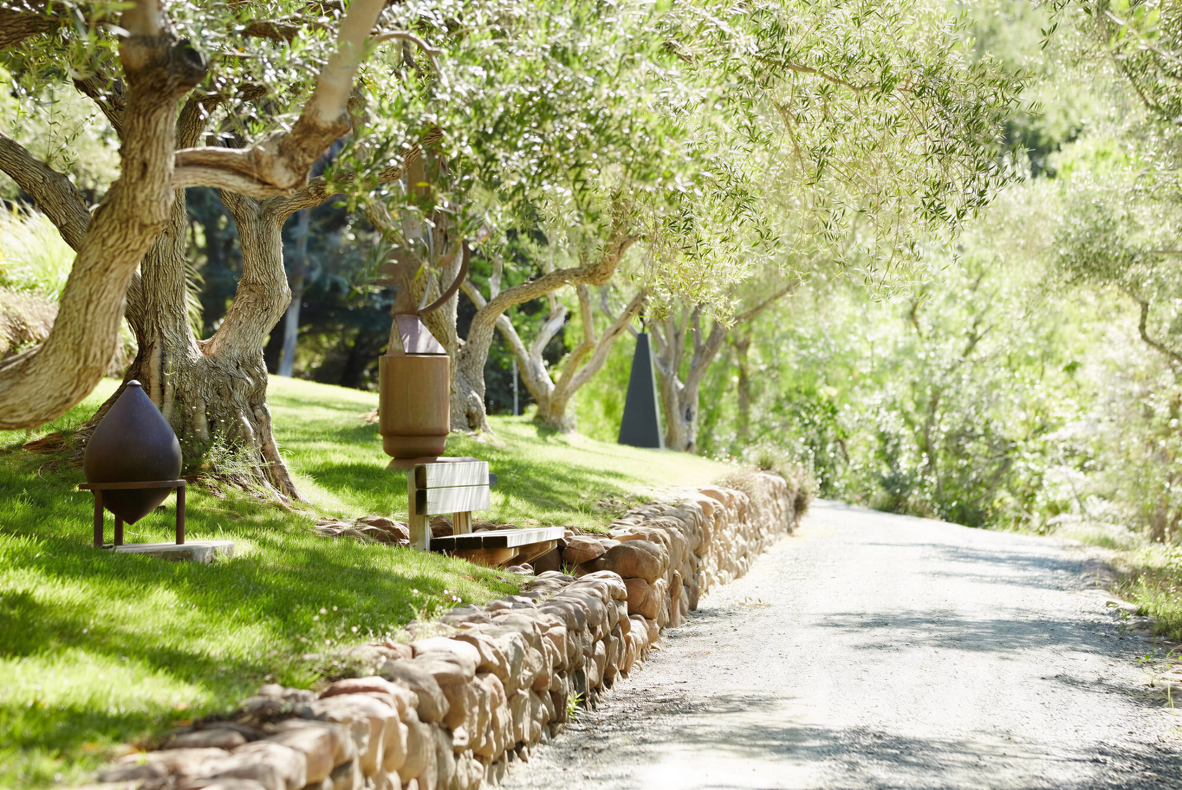 Sunlit path lined with olive trees, sculptures, and a wooden bench. Stone wall borders the grassy area, creating a serene, green setting.