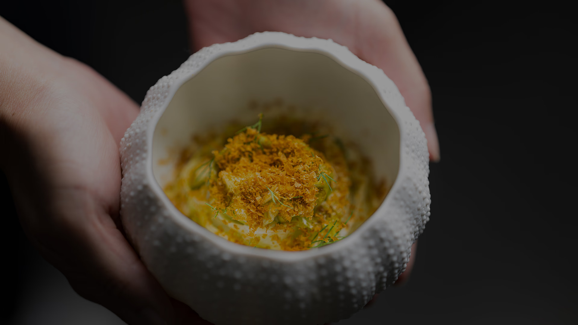 Hands holding a textured white bowl with a dish topped with herbs and spices. Dark background enhances the focus on the food.