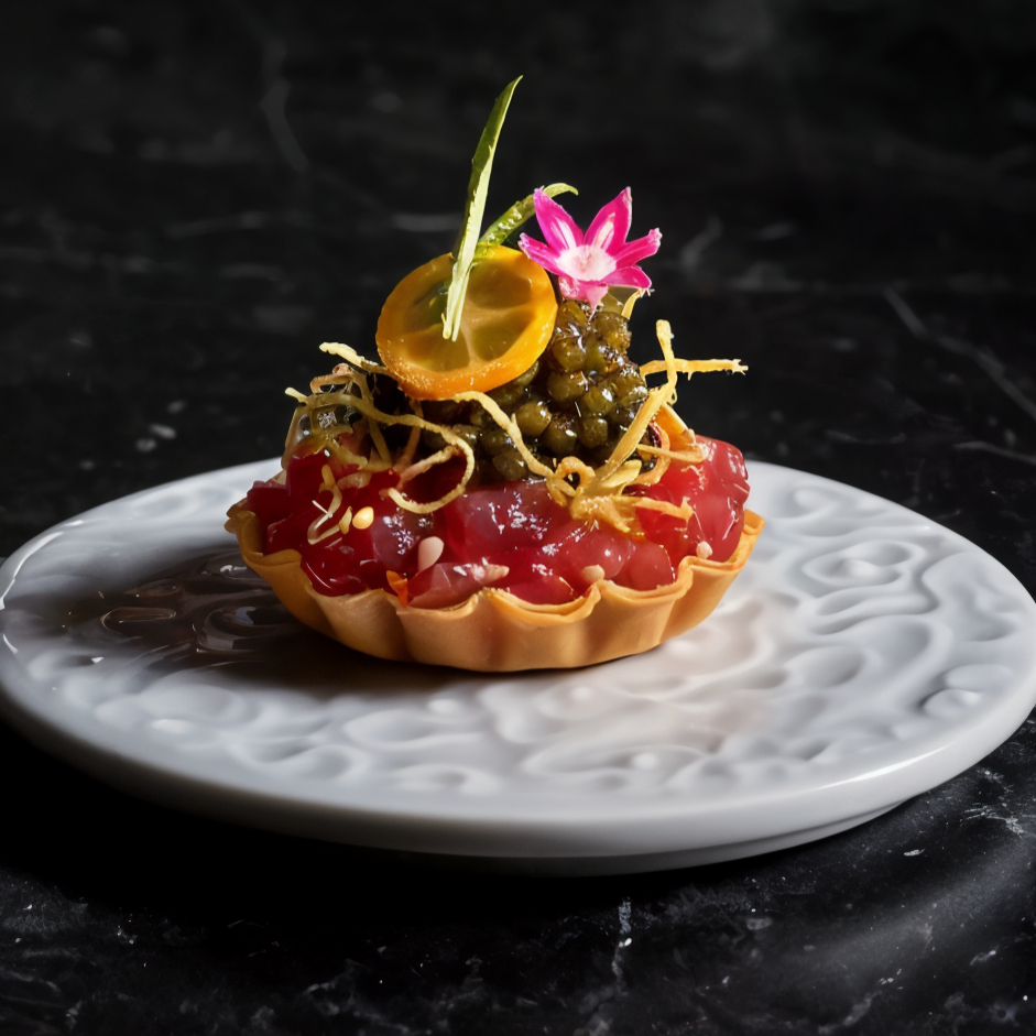 Elegant tart topped with vibrant pink and orange garnishes, placed on a textured white plate against a dark marbled background.