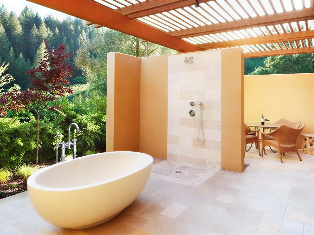 Outdoor spa with a white oval bathtub and shower against beige walls. Surrounded by lush greenery and patio furniture. Calm, serene atmosphere.