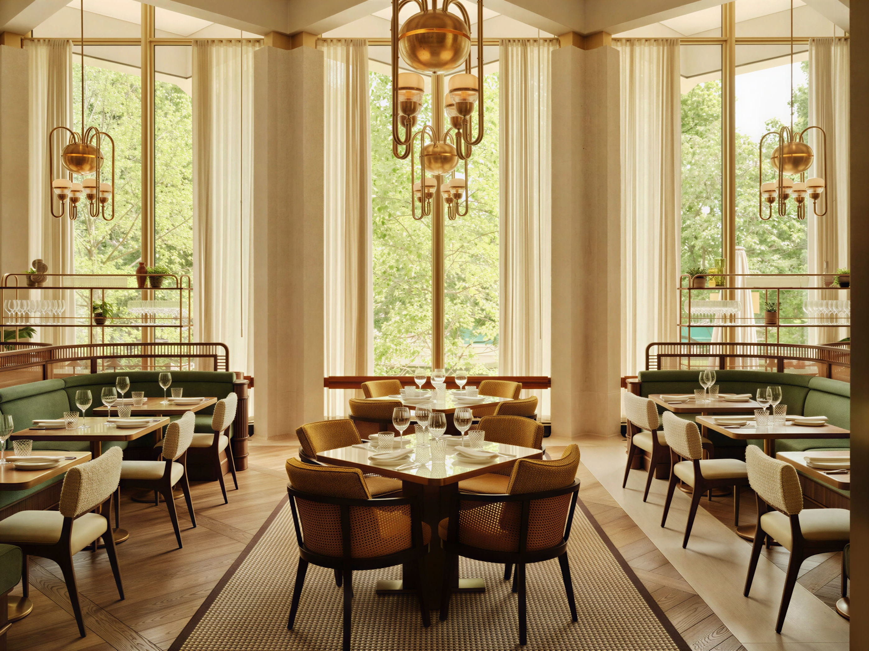 Elegant Serra restaurant interior at The Chancery Rosewood with green banquettes, yellow chairs, and tables set with glasses. Large windows and chandeliers. Bright, calm mood.