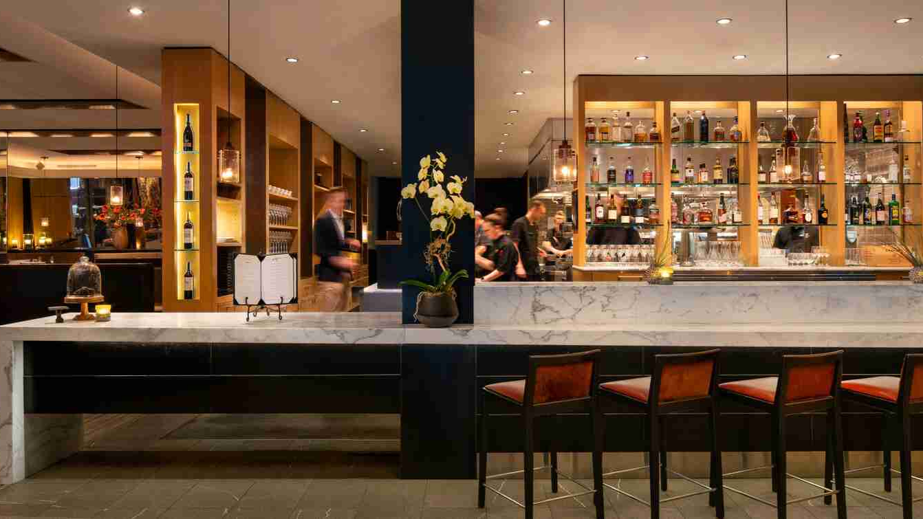 The modern, pristine dining room at La Toque