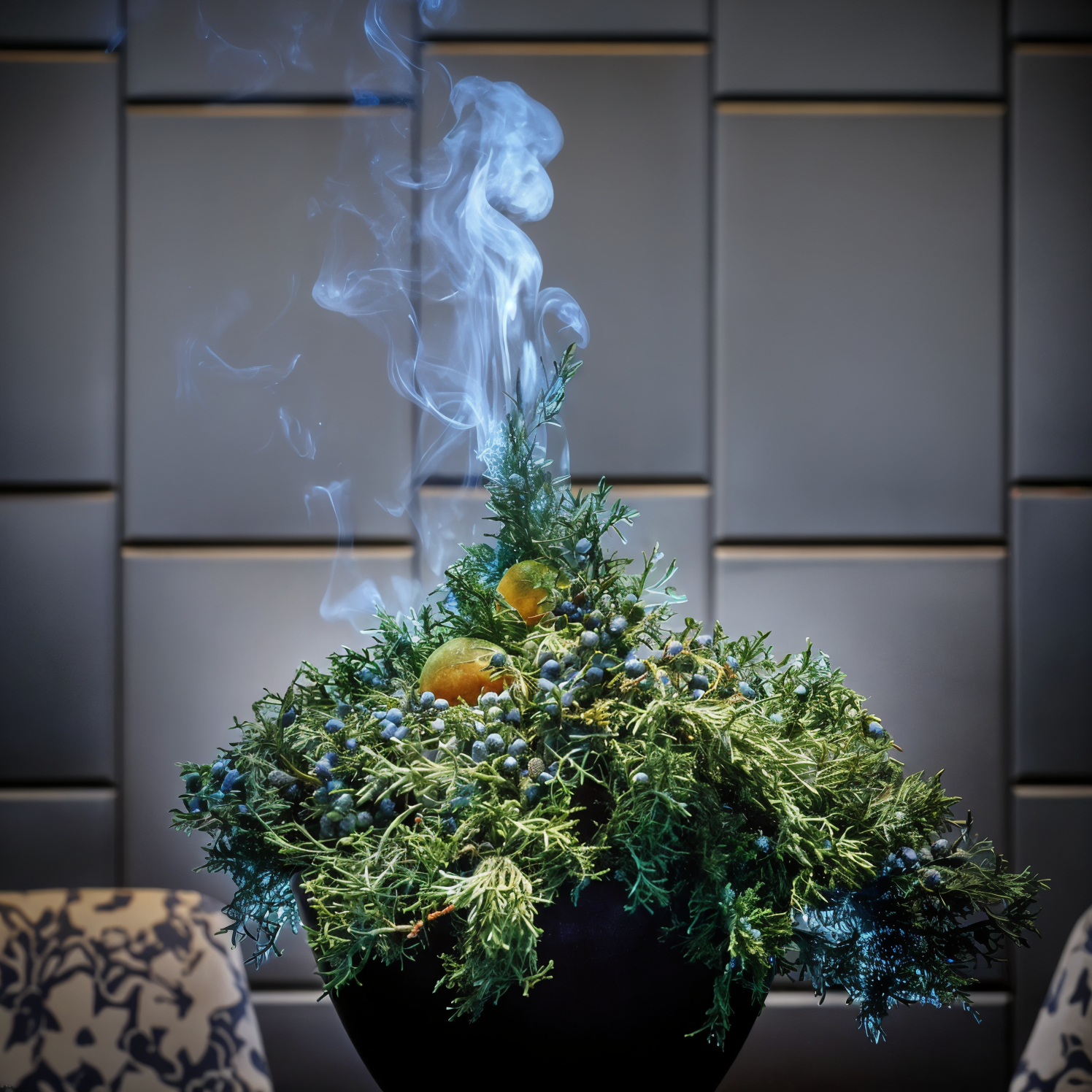 Green herbs and berries in a black pot with rising smoke, set against a grey tiled background, creating a calming, aromatic atmosphere.