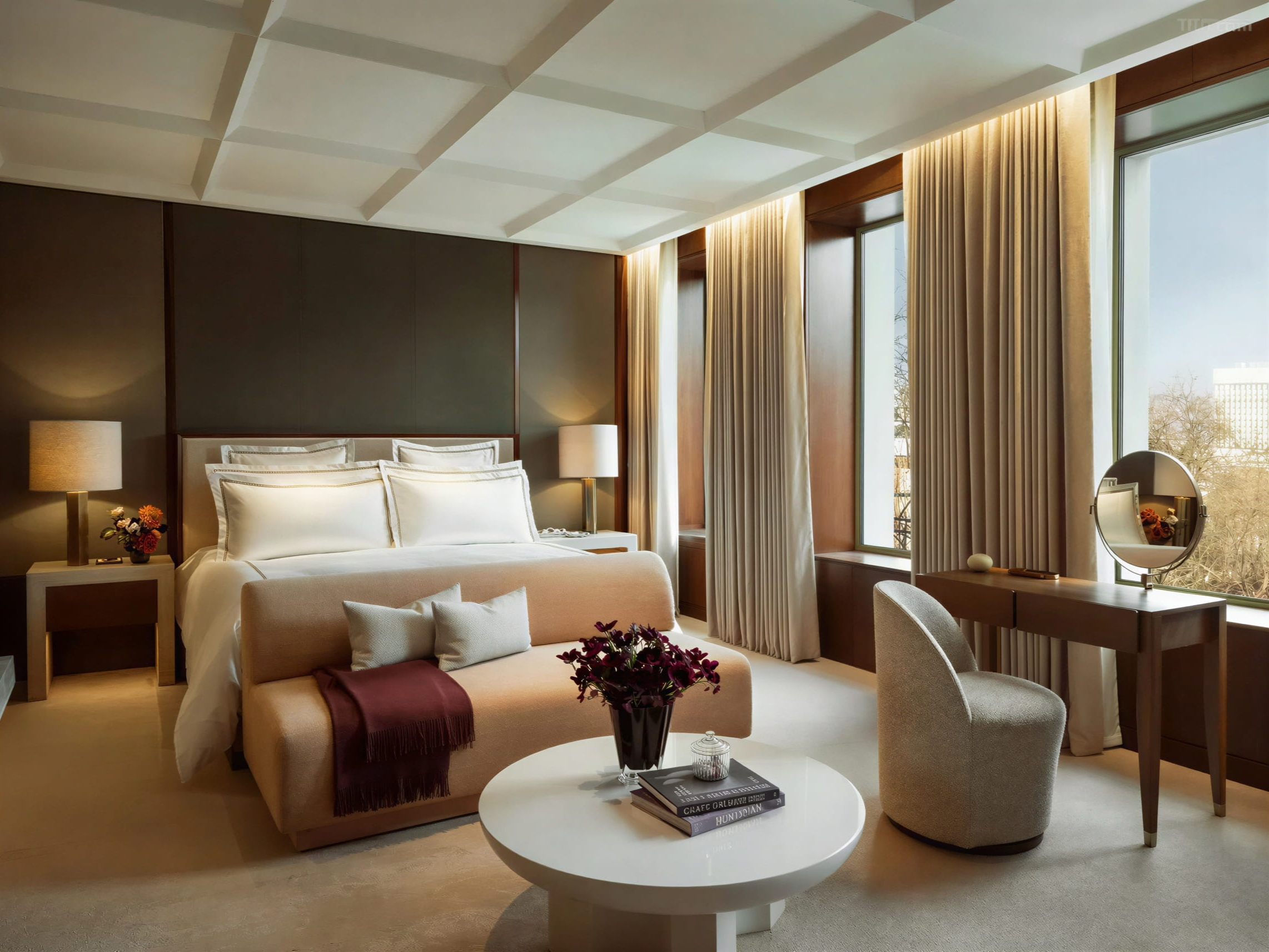 Premier Grosvenor Suite bedroom at The Chancery Rosewood with a large bed, beige sofa, and round table with flowers. Floor-to-ceiling windows and desk create a serene ambiance.