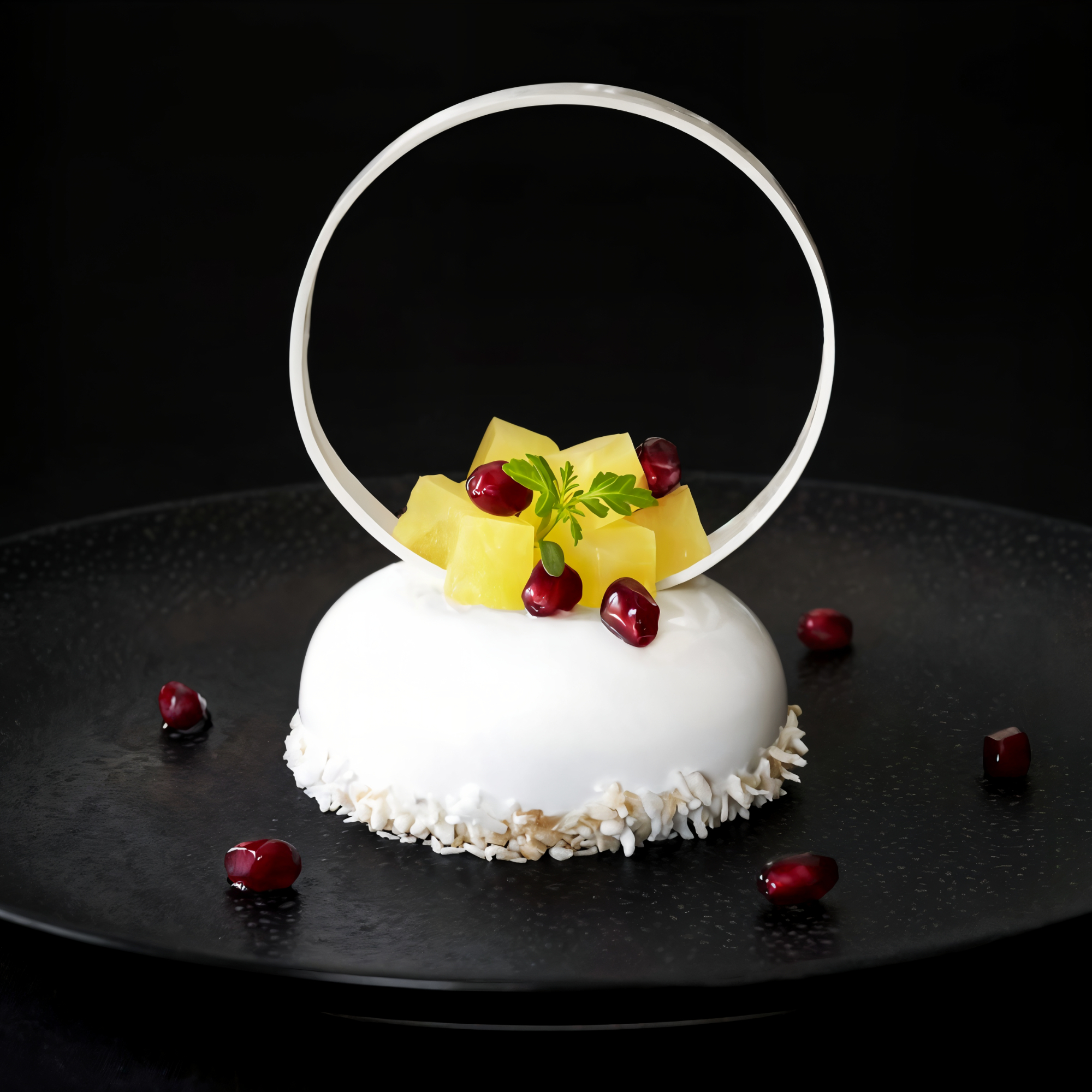 Elegant white dessert with pineapple cubes, pomegranate seeds, and a green herb, topped with a circular garnish on a black plate.
