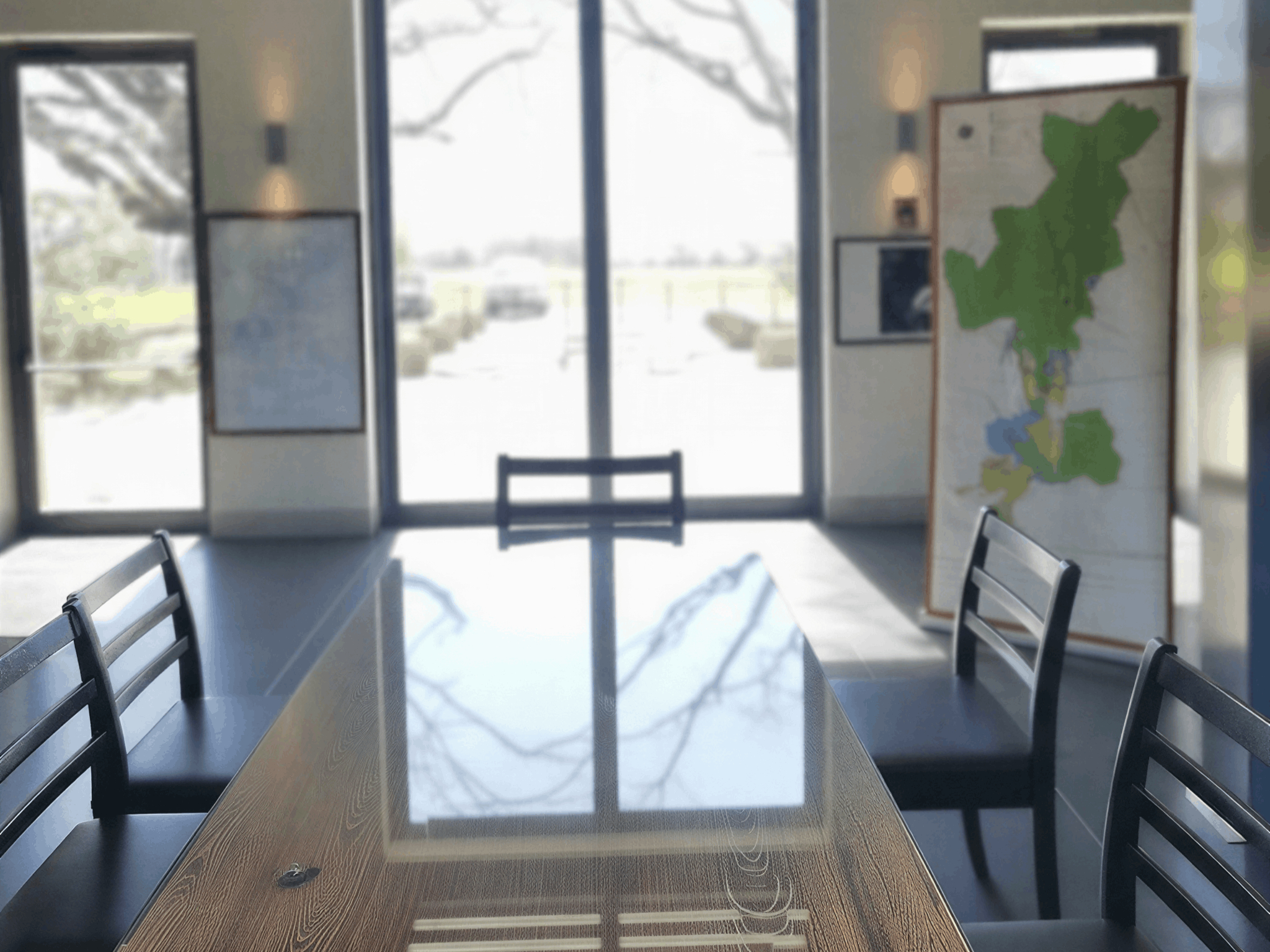 Modern wine tasting room at Tenuta San Guido with a glossy wood table, black chairs, large windows, and a map on the wall. Bright, open atmosphere.
