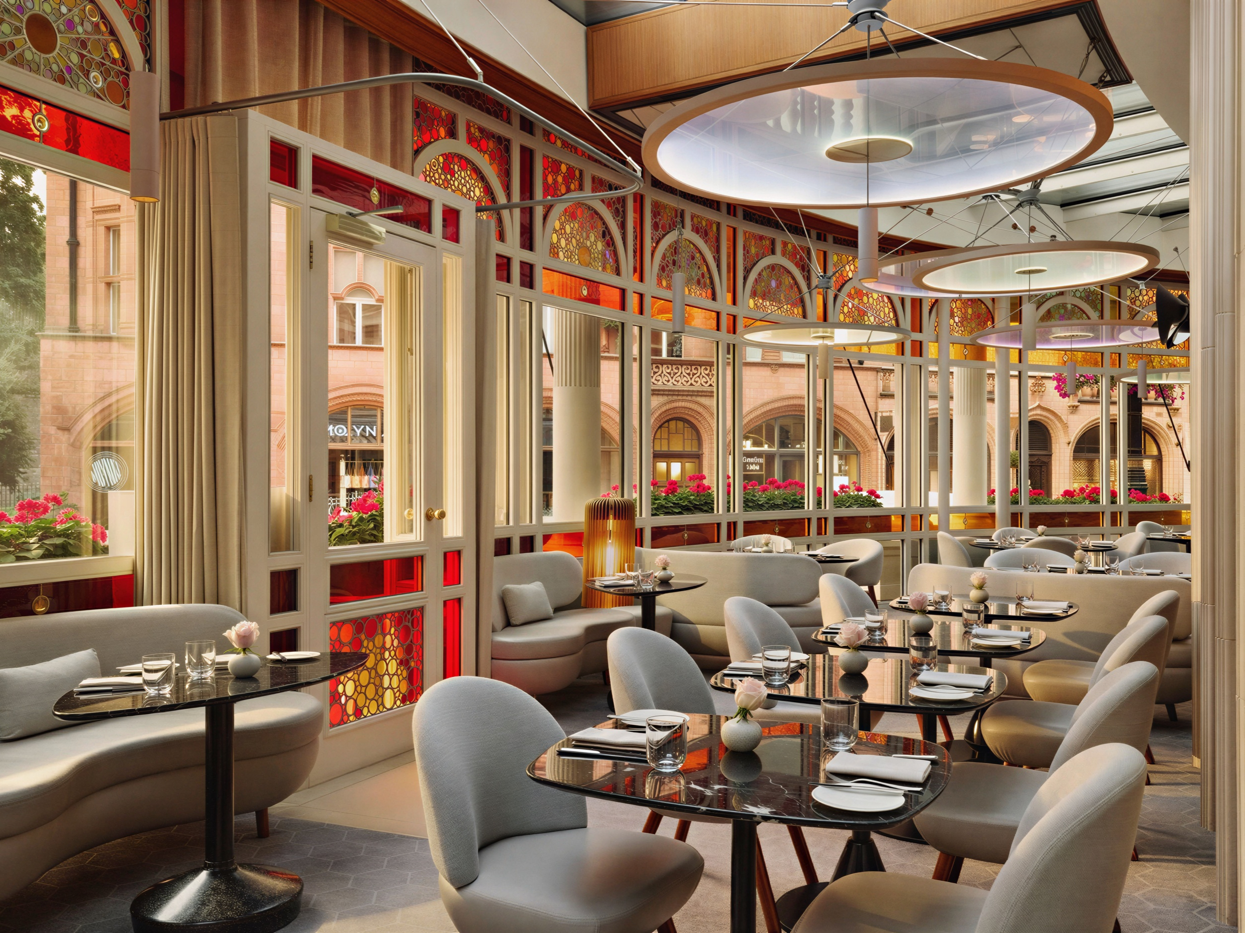 Elegant restaurant interior with beige chairs, set tables, and stained glass windows. Warm lighting, floral accents, and arched red frames.