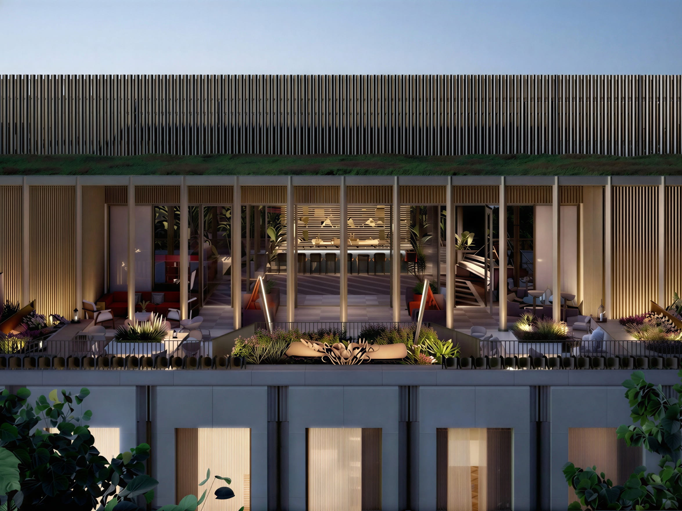 Aerial view of modern terrace of Eagle Bar at The Rosewood Chancery with seating and plants, featuring a wooden facade and ambient lights. Night setting with a calm, inviting atmosphere.