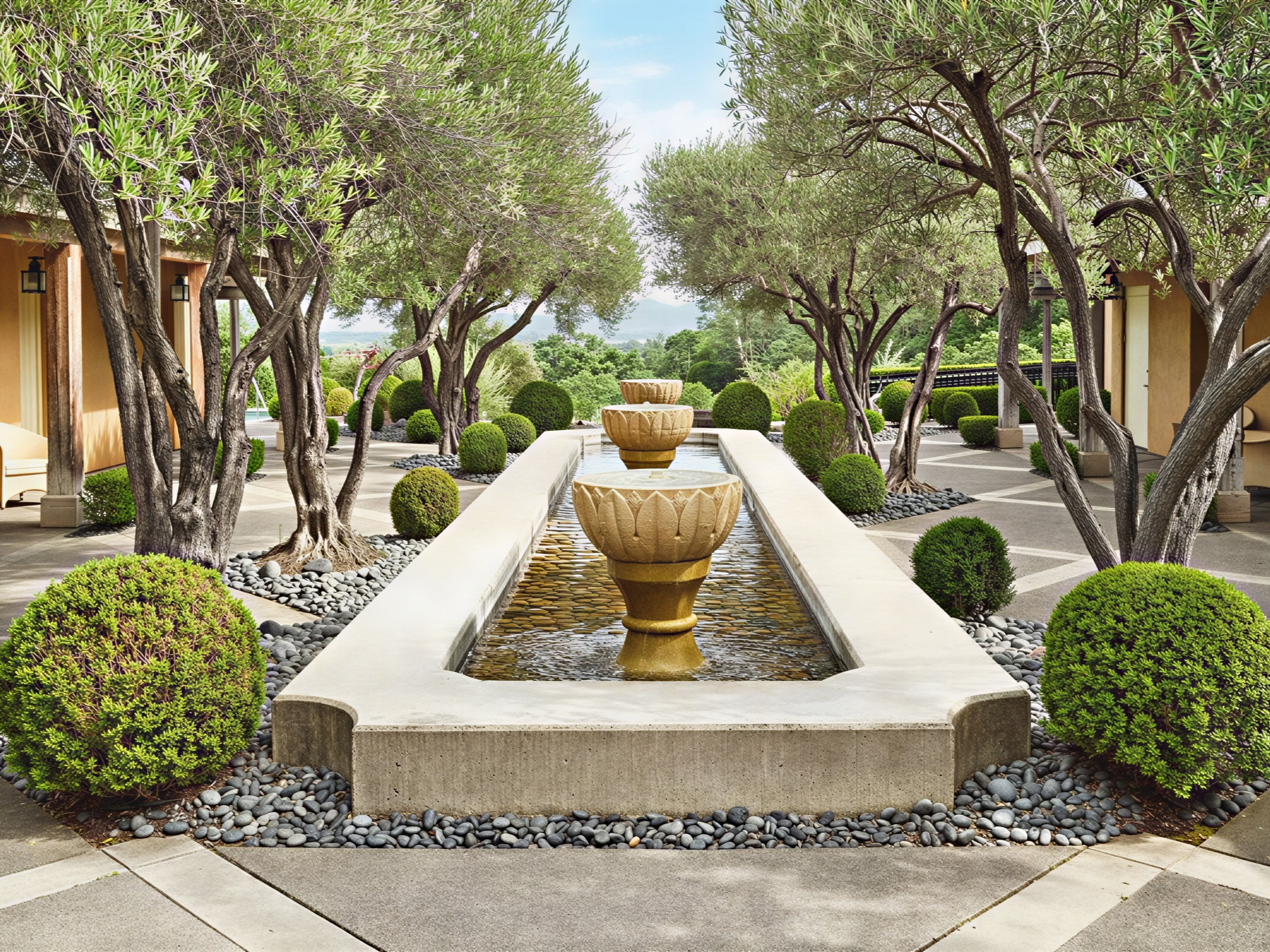 Elegant garden scene with a central stone fountain, surrounded by olive trees and round shrubs on a pebble-strewn path under a clear sky.