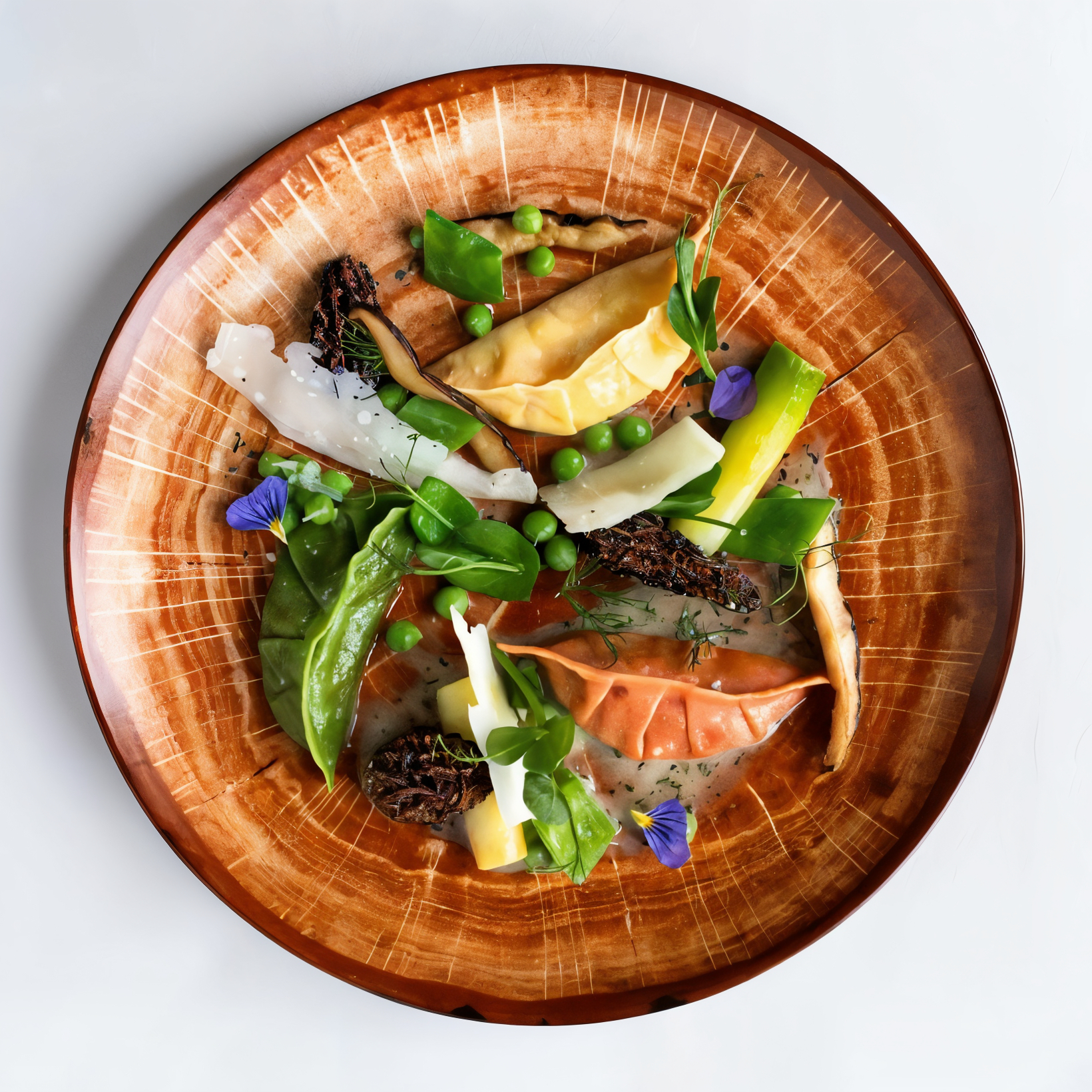 Colorful gourmet dish on a brown patterned plate, featuring dumplings, peas, greens, morel mushrooms, and edible flowers.