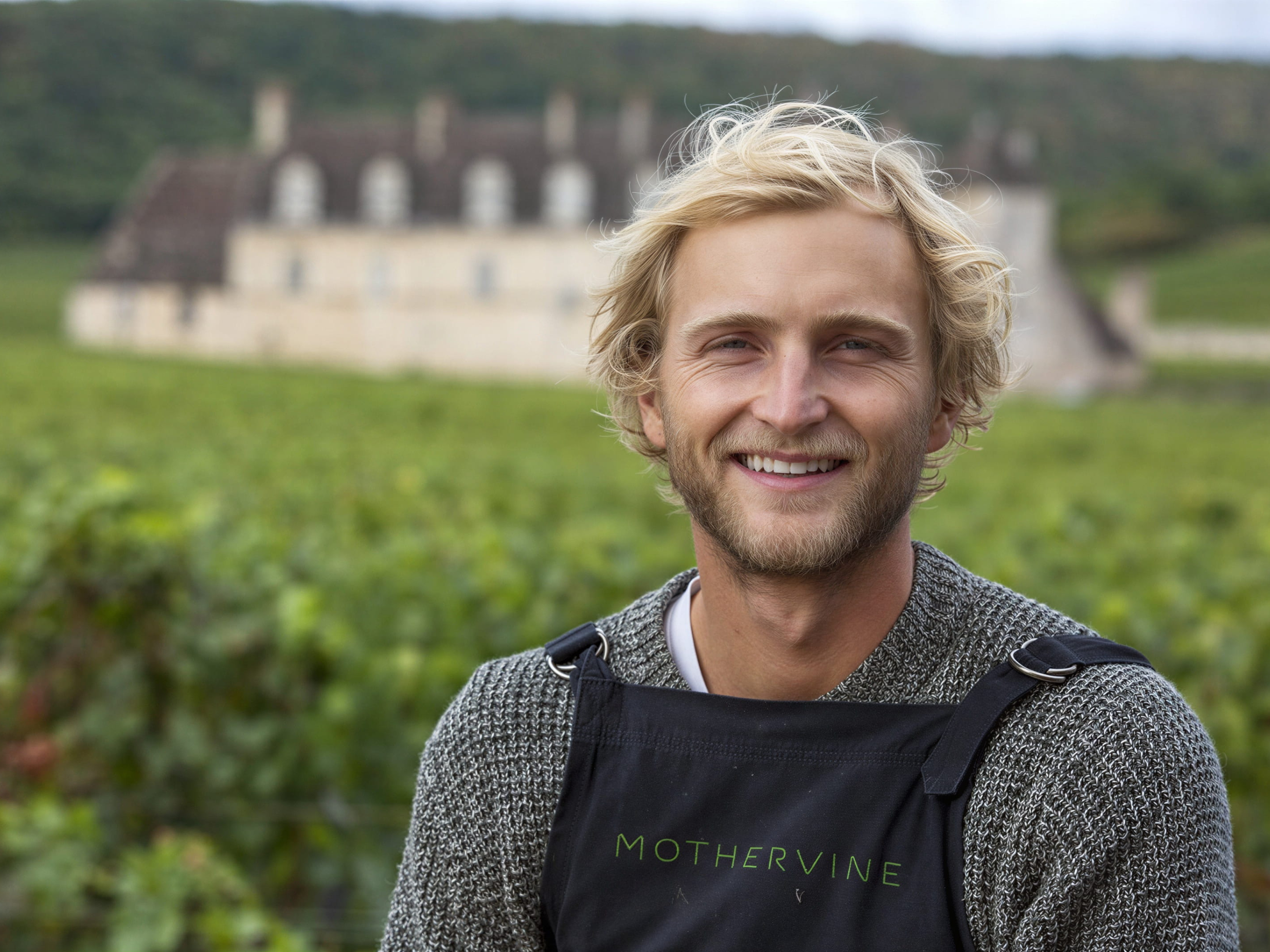 Chateau de La Tour winemaker Edouard Labet smiles in his vineyard, wearing an apron with "MOTHERVINE" text. Historical building and lush greenery in background.