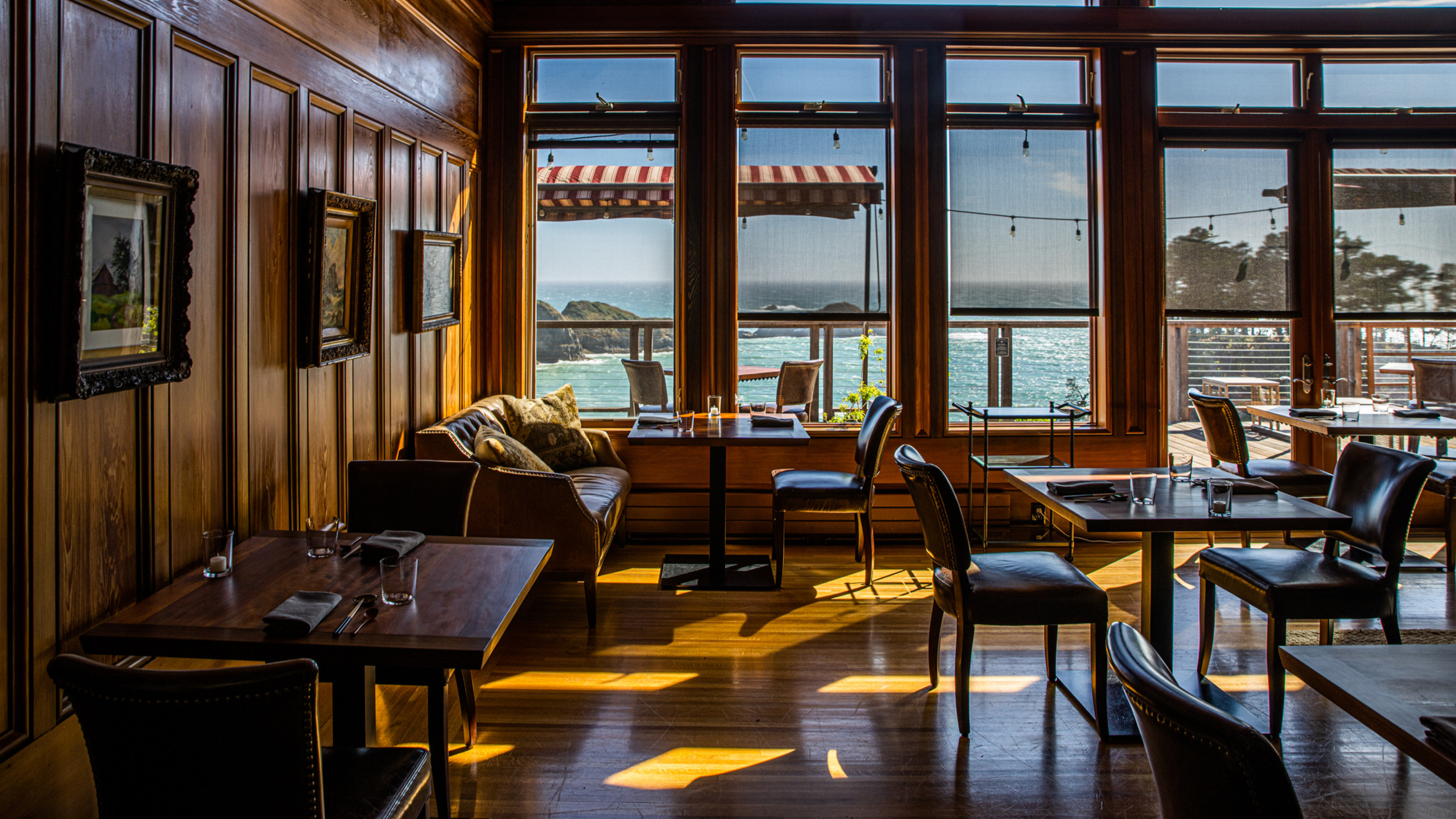 The dining room at Harbor House Inn overlooking the Pacific Ocean