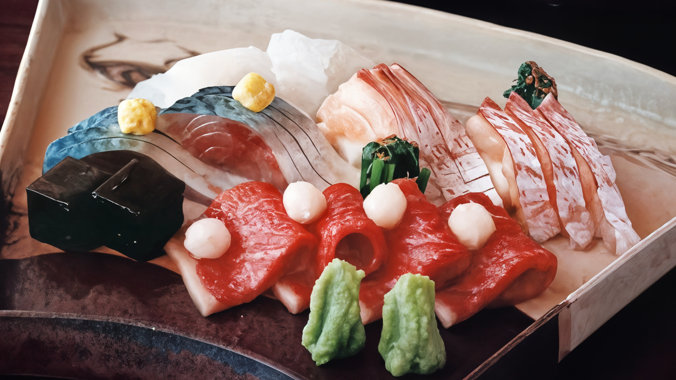 Assorted sushi on a decorative tray featuring vibrant red, green, and white pieces, garnished with wasabi and yellow toppings.