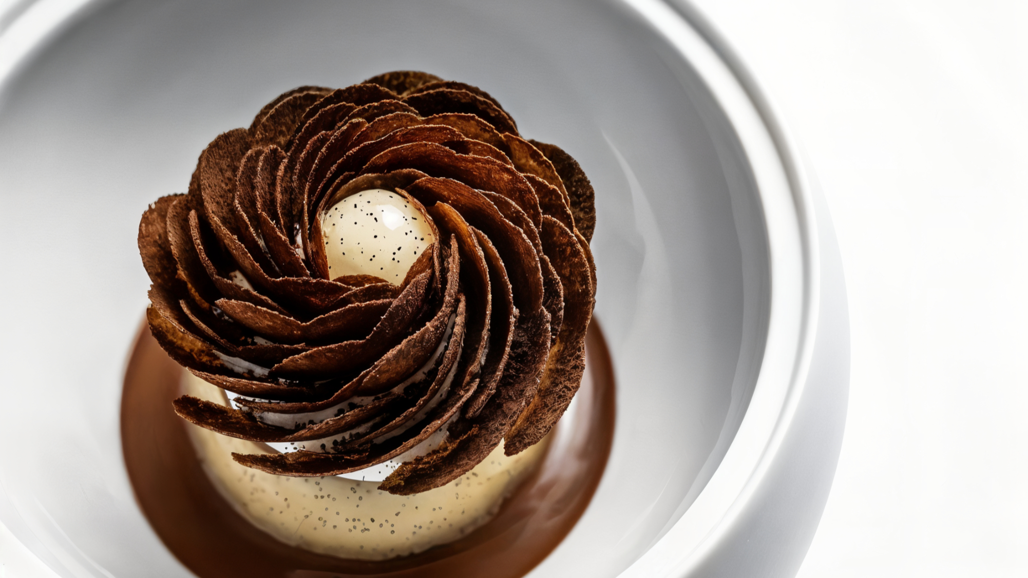 Elegant dessert with chocolate petals forming a flower around vanilla cream in a white bowl. Brown and white tones create a refined look.