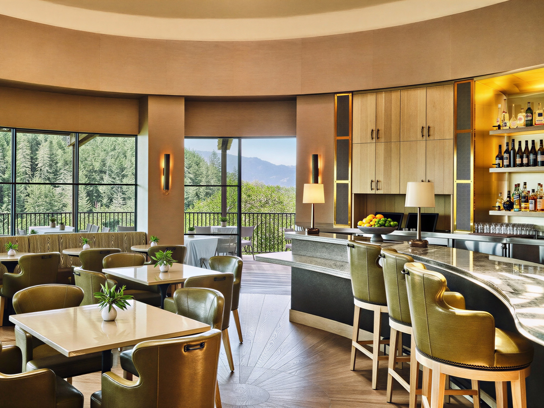 Elegant bar and lounge with green chairs, wooden cabinets, and a view of lush trees through large windows. Mood is relaxed and inviting.