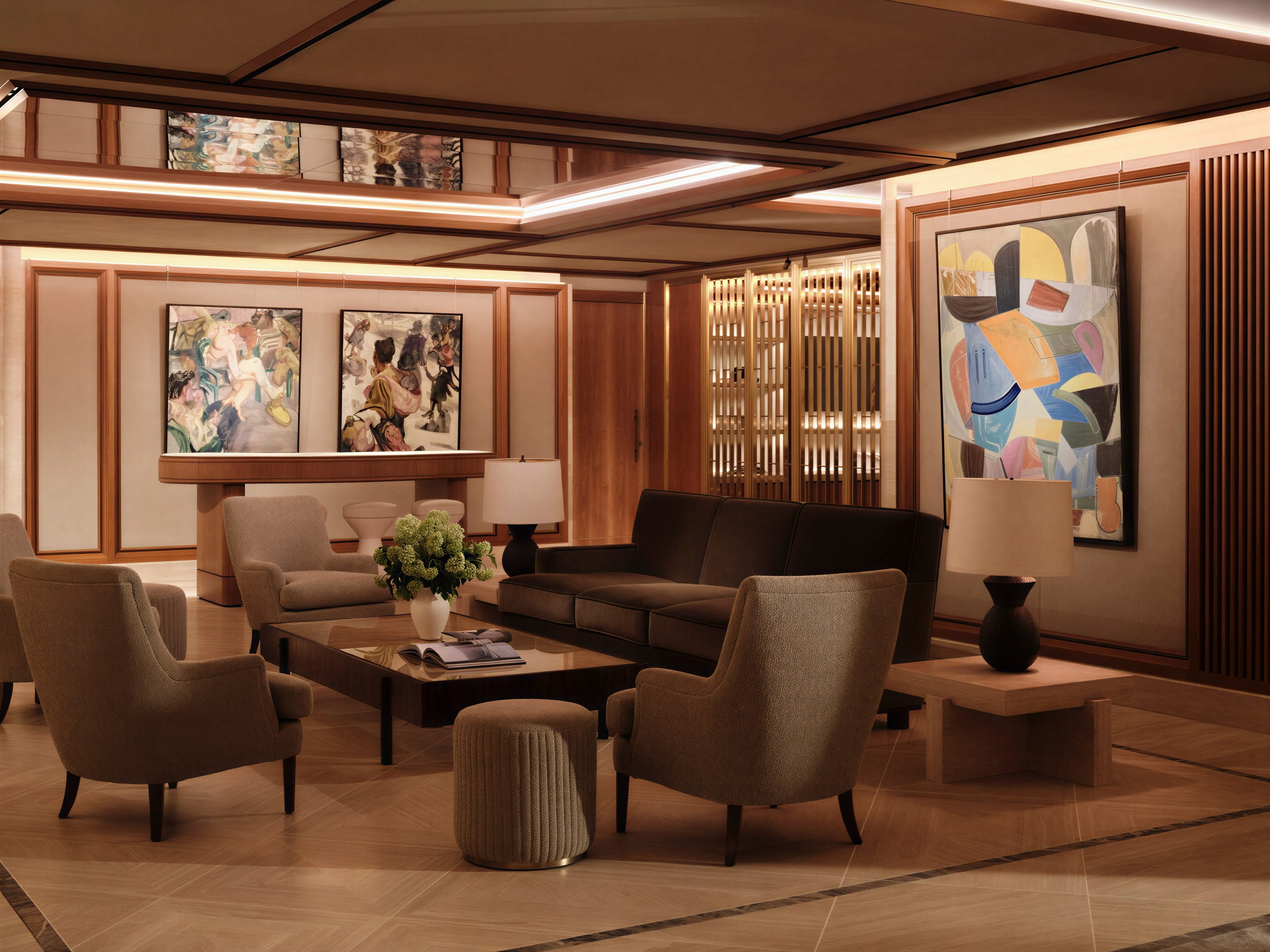Elegant lobby lounge at The Chancery Rosewood with beige chairs, a dark sofa, and a wooden table with flowers. Abstract and figurative paintings on wall; warm lighting.