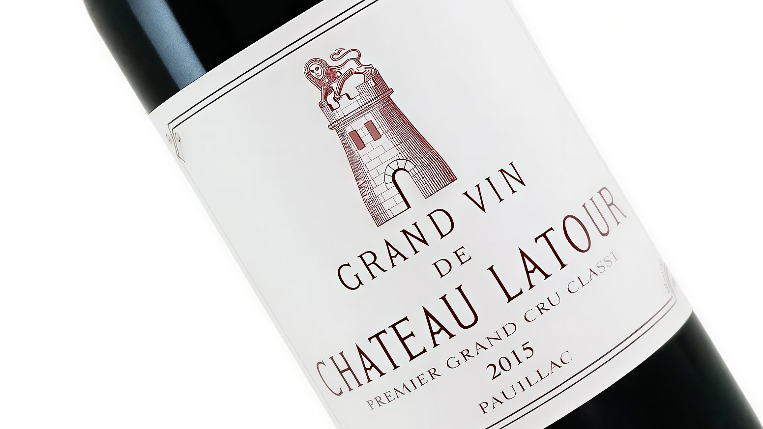 Wine bottle with white label showing red tower and lion illustration. Text: Grand Vin de Chateau Latour, 2015, Pauillac. Elegant mood.