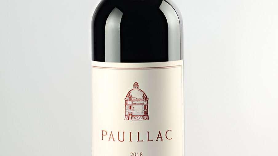 A bottle of Pauillac 2018 wine with a red and cream label, featuring a dome icon, against a neutral background. Elegant and classic design.