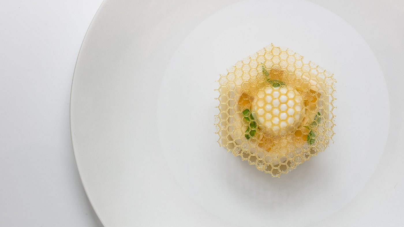 Elegant dish on a white plate, showcasing a round dessert with a honeycomb pattern and green garnish, set on a minimal white background.
