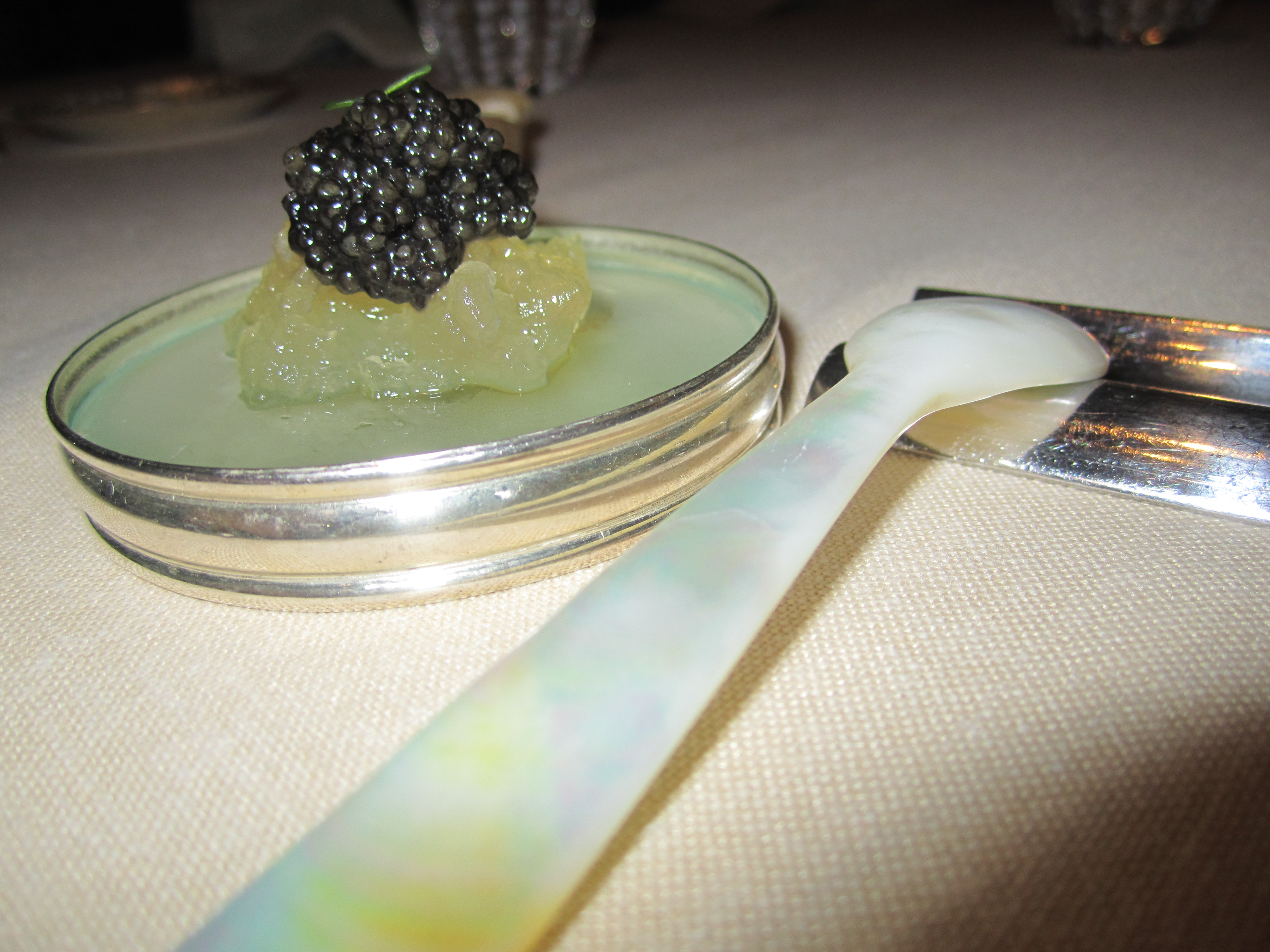 Caviar de Riofrío served over puchero jelly and sour cream at Hotel Puente Romano
