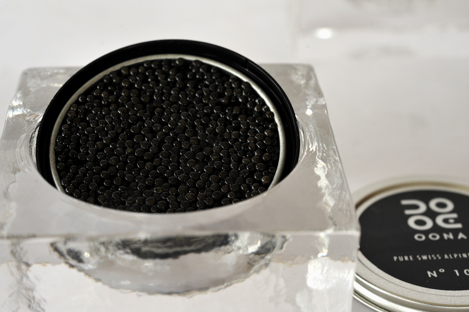 Oona Swiss caviar presented in a glass block