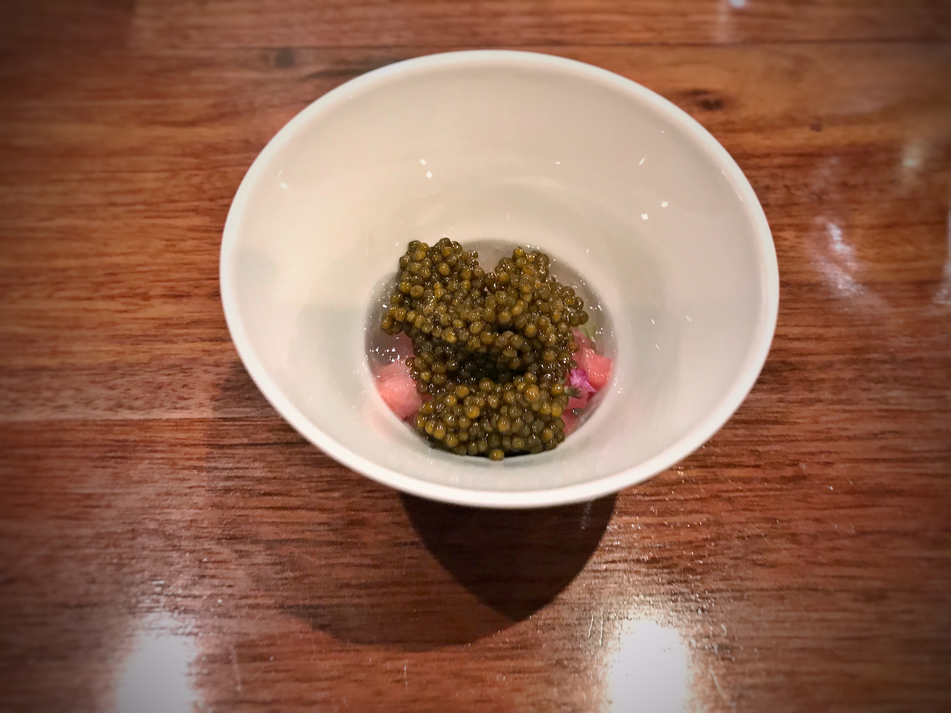 Kaluga Queen caviar served with otoro, dashi, and eggplant at Chef's Table at Brooklyn Fare
