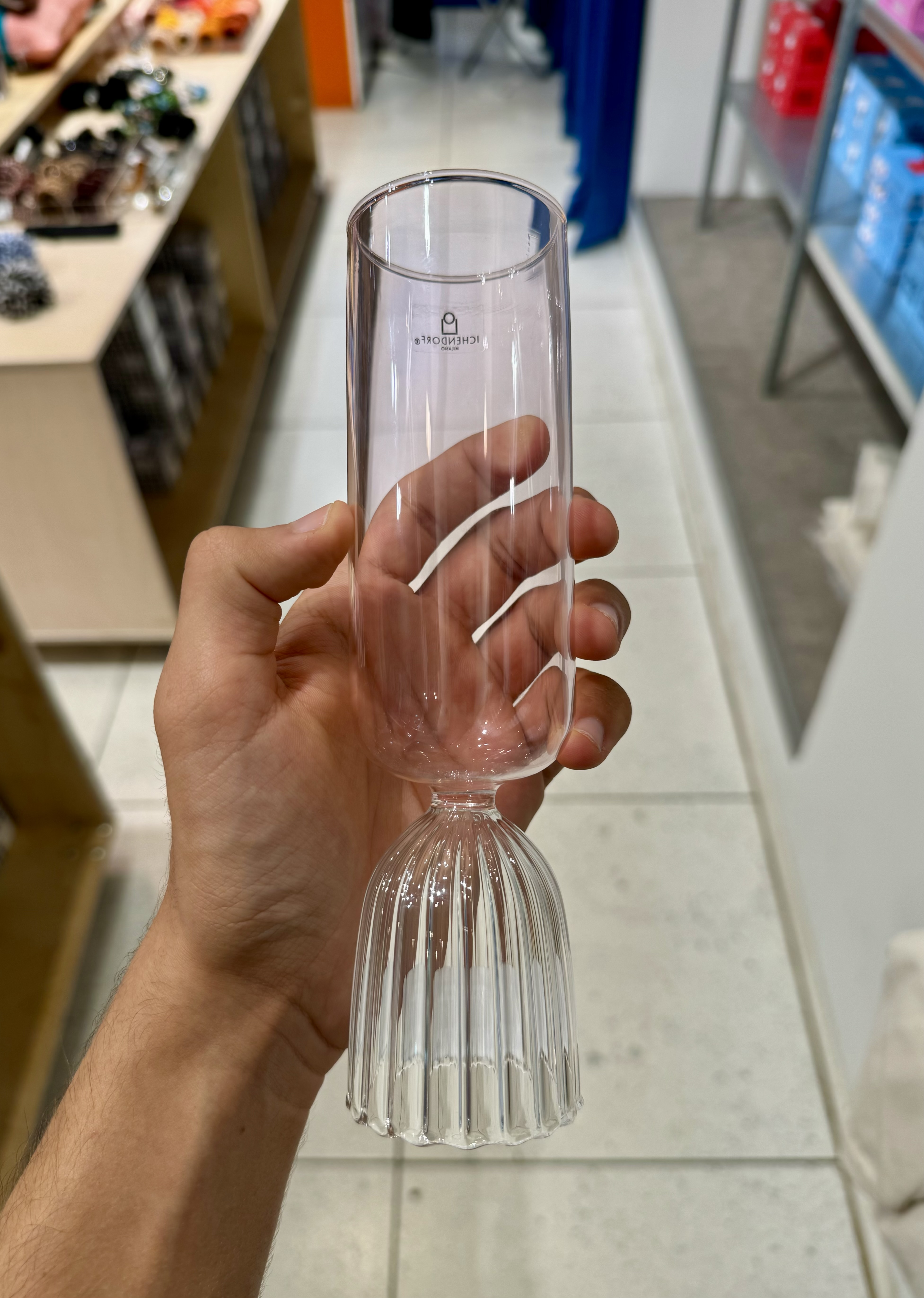 Clear Ichendorf Milano Tutu colore champagne flute with a pink stem and foot