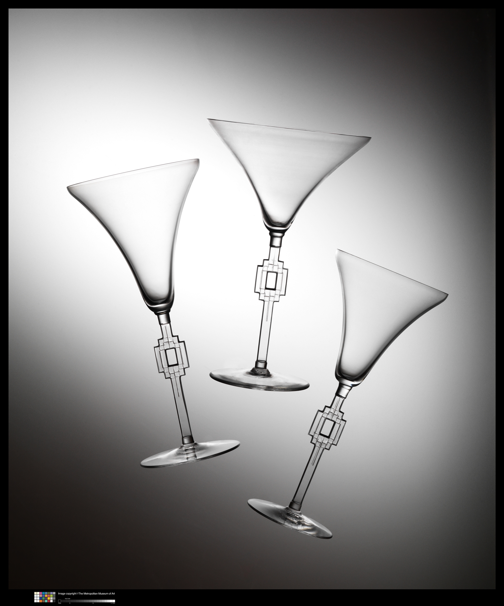 Three historical René Lalique Hagueneau Burgundy wine glasses with geometric stems