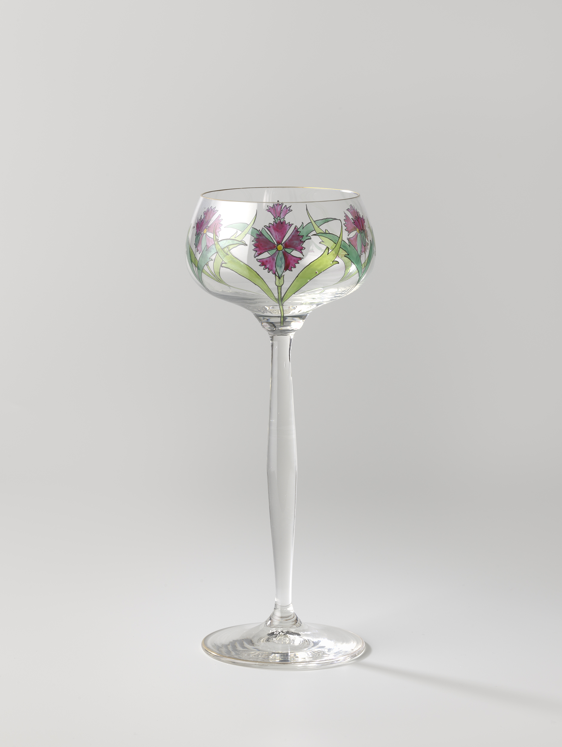 Historical Theresienthal long-stemmed crystal goblet painted with pink carnations